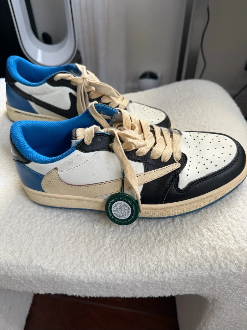 Jordan Low Retro Sneakers in White, Black, Blue & Cream